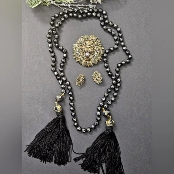 HEIDI DAUS LARIAT LION CRYSTAL BEADED NECKLACE & EARRINGS AND PIN SET - Picture 1 of 8